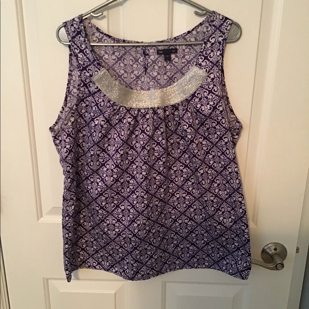 SOLD Purple pattern blouse with a sparkling neck